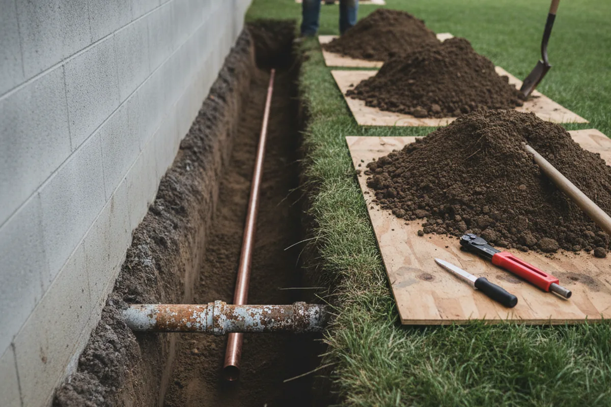 Excavated water line trench during Water Heater Repair in Rigby